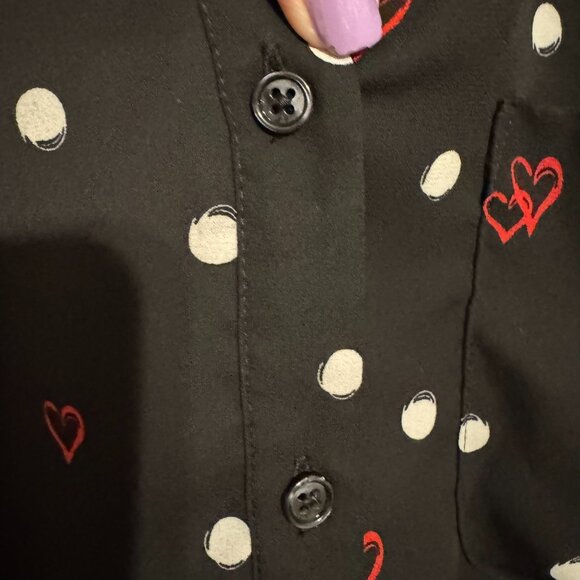 CHICO'S BLACK BLOUSE W/WHITE DOT & RED HEARTS   MEDIUM - Picture 6 of 10